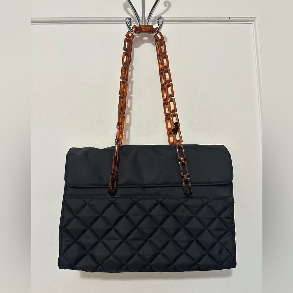 Quilted nylon black flap/snap closure shoulder bag w/ brown plastic link handles